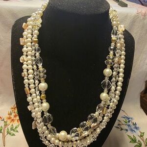 Vintage Premier Designs Dream Faux Pearl, Shell And Crystal Four Strand Necklace